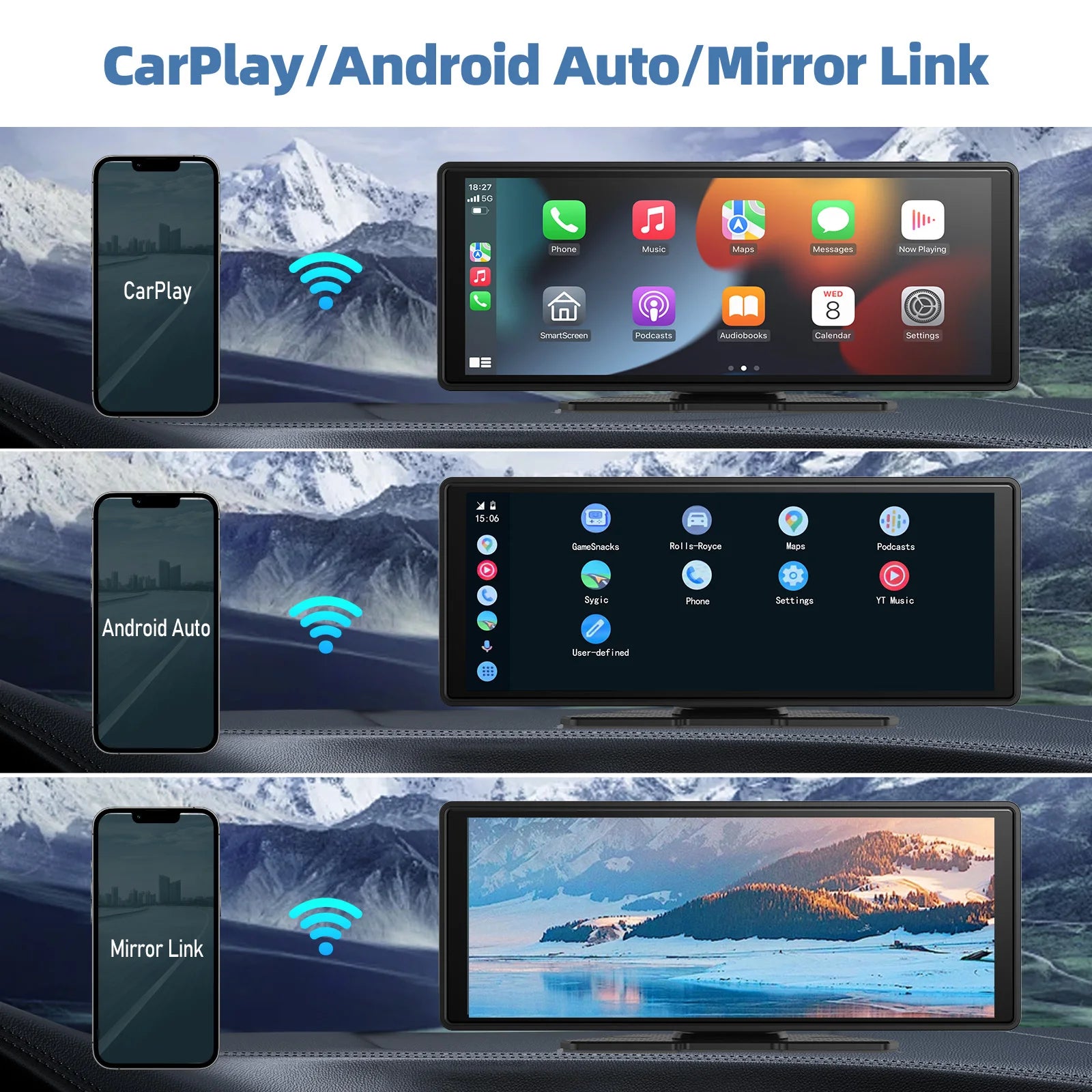 Universal Portable CarPlay Screen – Wireless Apple CarPlay & Android Auto Touchscreen Car Stereo