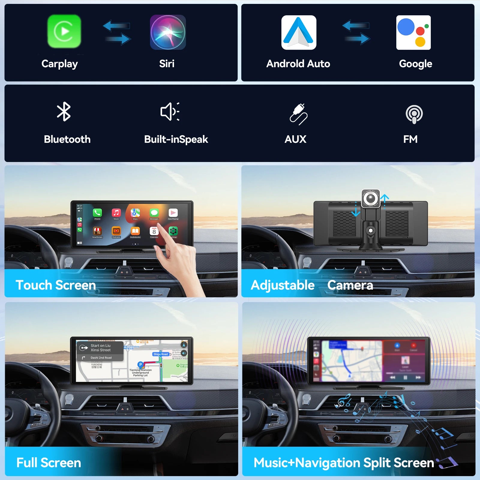 Universal Portable CarPlay Screen – Wireless Apple CarPlay & Android Auto Touchscreen Car Stereo